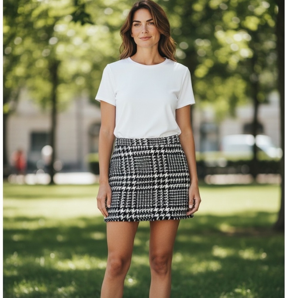 Altar'd State Black White Houndstooth Tweed Mini Skirt Academia Preppy Office M - Picture 2 of 12